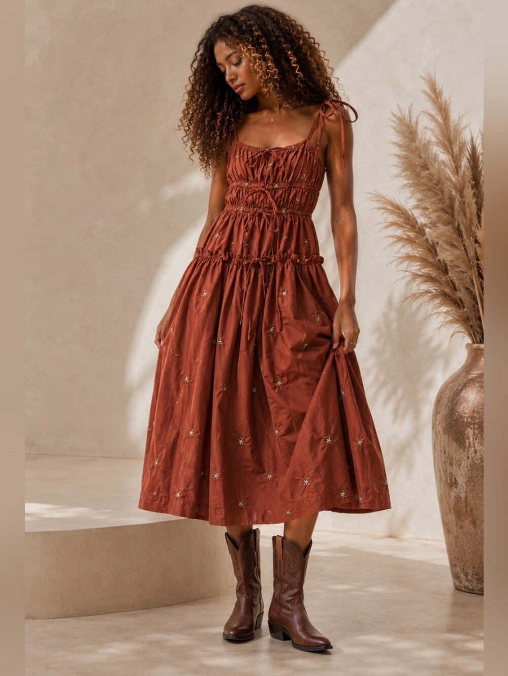 En Saison Terracotta Orange Floral Embroidered Smocked Tiered Midi Dress  M